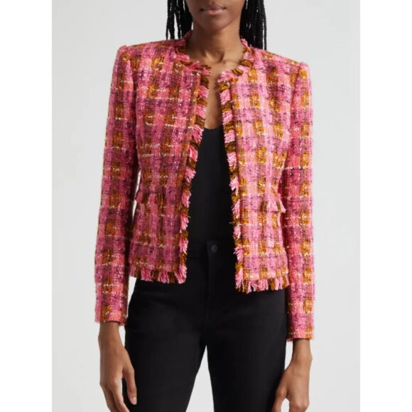 L'AGENCE Jackets & Blazers - L'Agence 'Angelina' Tweed Raw-Trim Open-Front Blazer Jacket, Fuchsia Pink/Orange